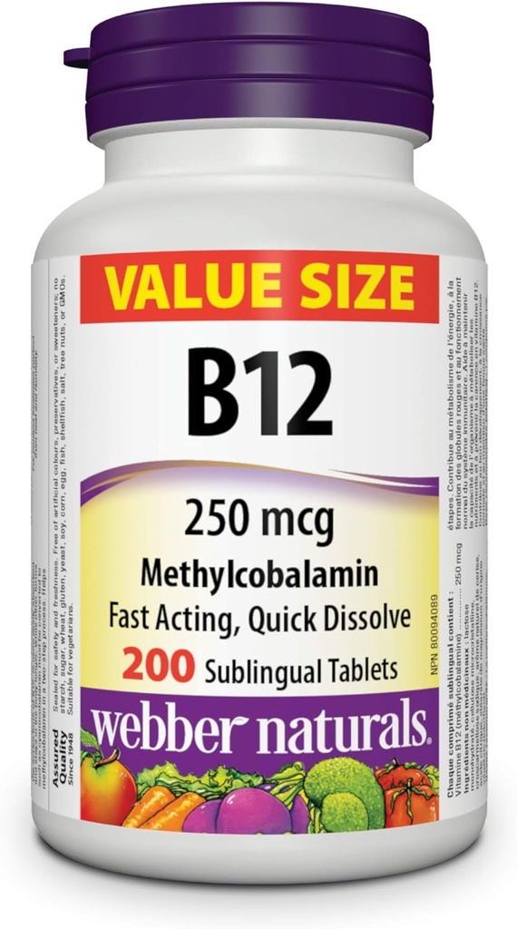 Webber Naturals Vitamine B12 250 mcg Methylcobalamine, 200 Sublingual Tablets