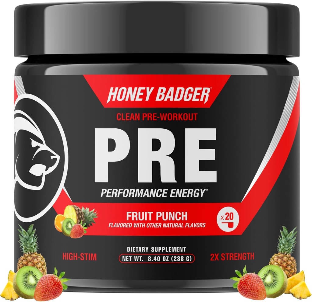 Honey Badger Pre Workout Powder, Keto Vegan Preworkout voor mannen & vrouwen, Beta Alanine & Cafeïne, Sugar Free Natural Energy Supplement, Fruit Punch (High-Stim)
