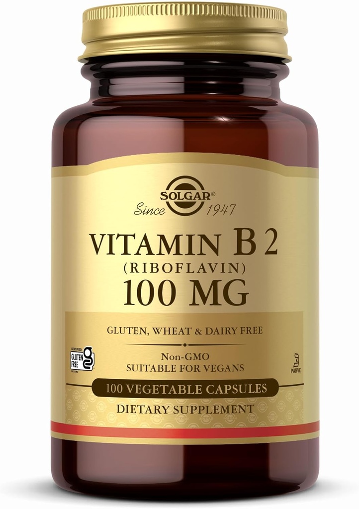 Solgar Vitamine B2 (Riboflavine) 100mg - 100 plantaardige capsules - Non-GMO, Vegan, Glutenvrij, Zuivelvrij, Kosher - 100 porties