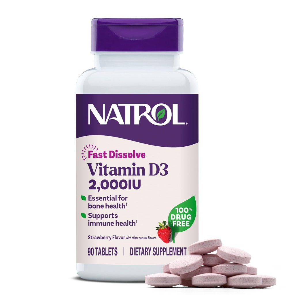 Natrol Fast Solution Vitamine D3 2000 IE, Dieetsupplement voor bot en gewrichtsgezondheid, Bone Support Supplement, 90 tabletten, 90 dagen Levering