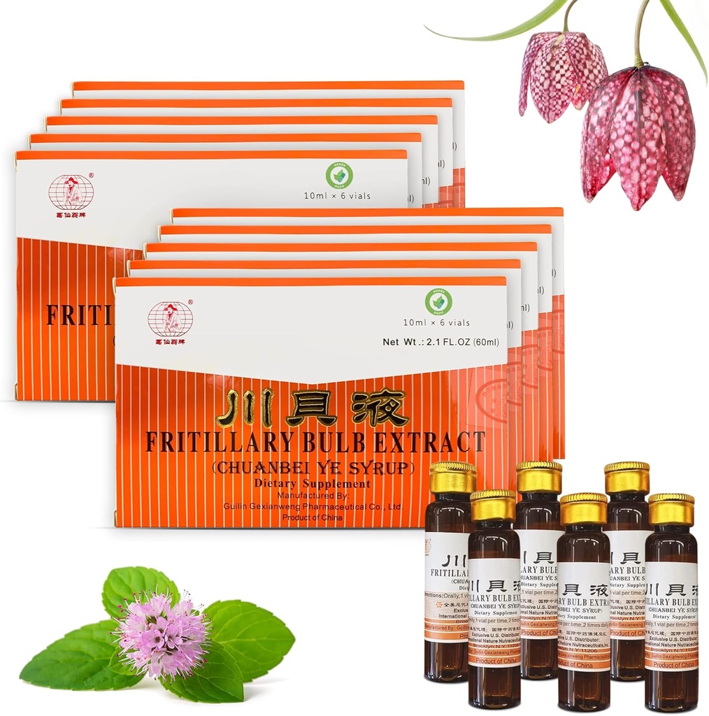 10 Pack of HerbsDepo Fritillary Bulb Extract - Zoet, Heerlijk, Niet Drowsy en Effectieve Oral Liquid Dietary Supplement Cough Syrup (Chuanbei Ye Syrup) - 60 Flessen (10 ml per)