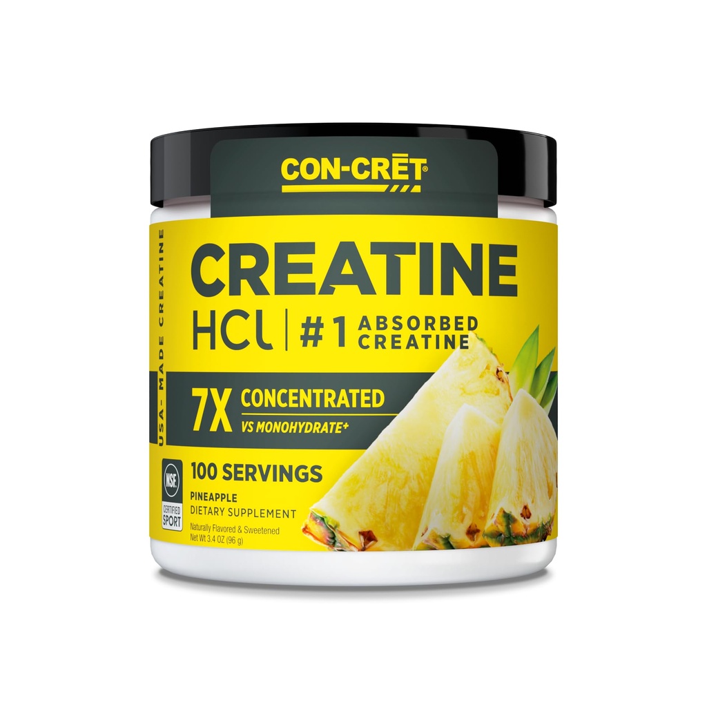 CON-CRET Creatine HCl Powder | Muscle, Cognitive, Cellular Energy Support | No Bloating or Cramps | USA Made & NSF Certified | Pineapple (100 Serving)