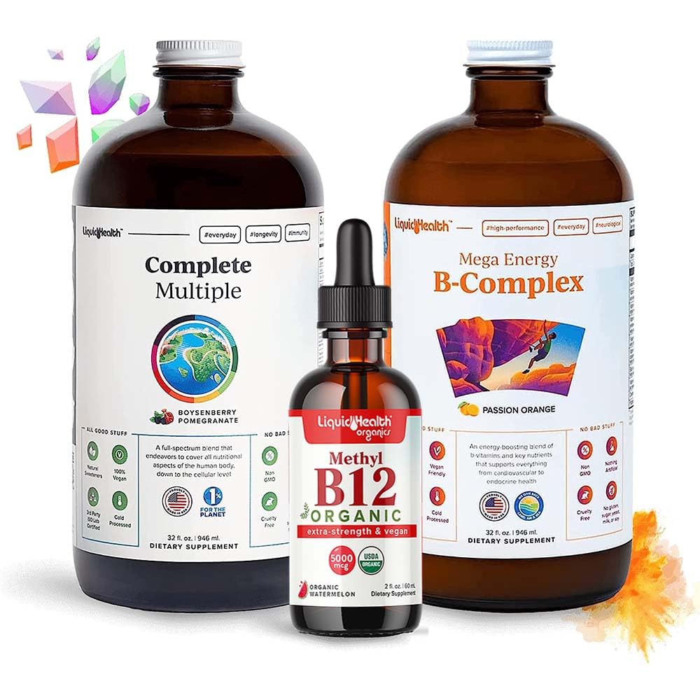 LIQUIDHEALTH High Performance Vitamin Bundle voor volwassenen met Mega Energy B-complex, Complete Multivitamine & Organic Vitamin B12 Drops - Boost Natural Energy & Improve Athletic Performance