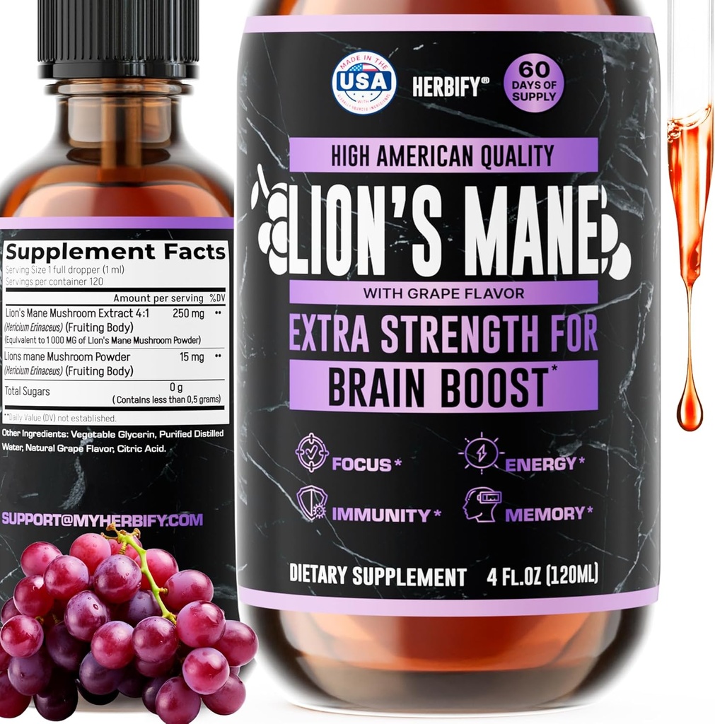 Supplément de la Mane de Lions HERBIFY - Supplément quotidien de champignons pour la mémoire, le focus et la clarté - Booster de cerveau - Teinture de la Mane de Lions pour le soutien immunitaire - 4 Fl oz de raisin