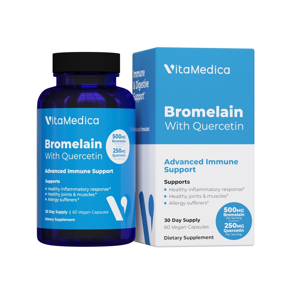 VitaMedica Bromelain & Quercetin Supplement - 500mg Bromelain 250mg Quercetin - 2400 GDU voor immuniteit, gezamenlijke ondersteuning, ontsteking en spierherstel - 60 Vegan Capsules - 30 porties