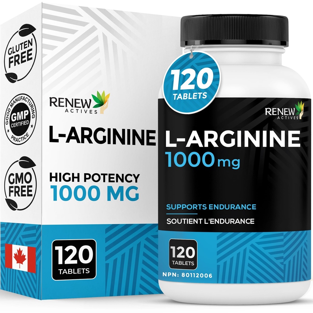 Renouveler les actifs L-Arginine Supplément 1000MG pour le service - Force et Endurance, essentiel pour la synthèse des protéines et la fonction musculaire, Booster de performance physique - Fabriqué au Canada - 120 comprimés