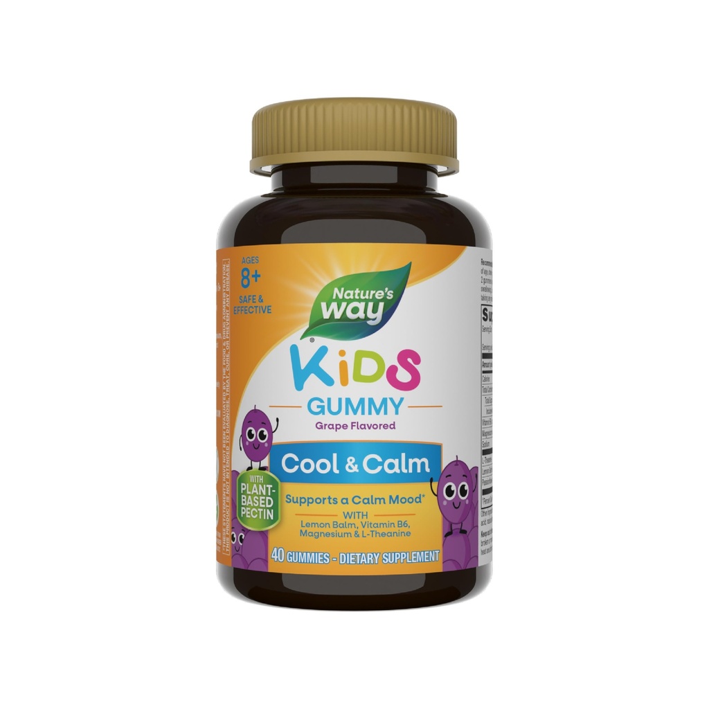 Nature's Way Kids Cool & Calm Gummies, soutient une humeur calme chez les enfants 8 ans et plus*, Baume de citron, Magnésium, Vitamine B6, L-Theanine, Saveur de raisin, Végétarien, 40 comte (paquetage May Vary)