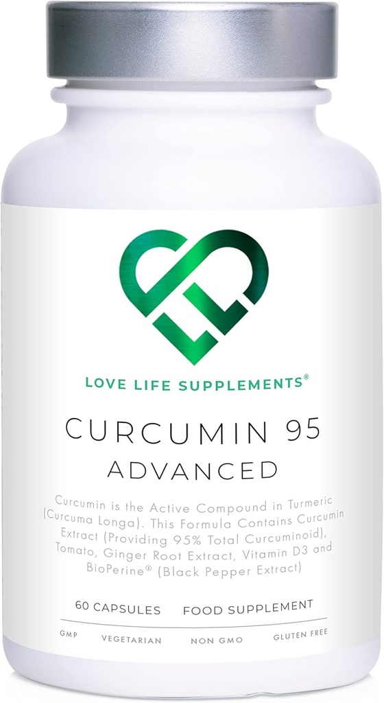 Curcumine 95 Geavanceerde, 60 capsules, Curcumine met hoge sterkte (het actieve bestanddeel van kurkuma) met 95% Curcuminoïden + BioPerine® (Zwarte peperextract), Vitamine D, Tomaten en Gemberwortel, GMP goedgekeurd