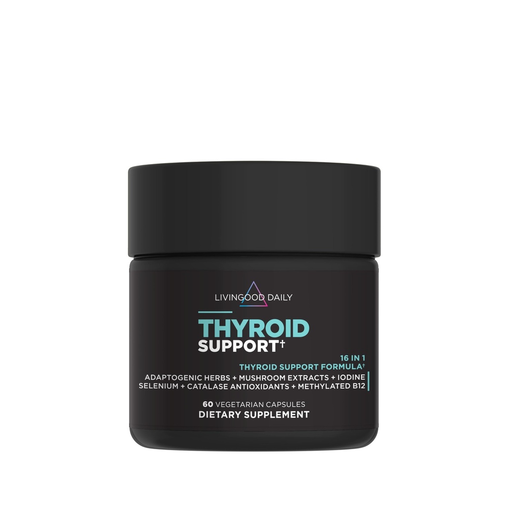 Livingood Daily Thyroïde Support Supplément, 16-en-1 Wellness Blend avec des herbes Adaptogènes, Iodine, Magnésium et Sélénium, Thyroïde Support pour les femmes et les hommes, Capsules végétariennes, Sans gluten, 60 Compte