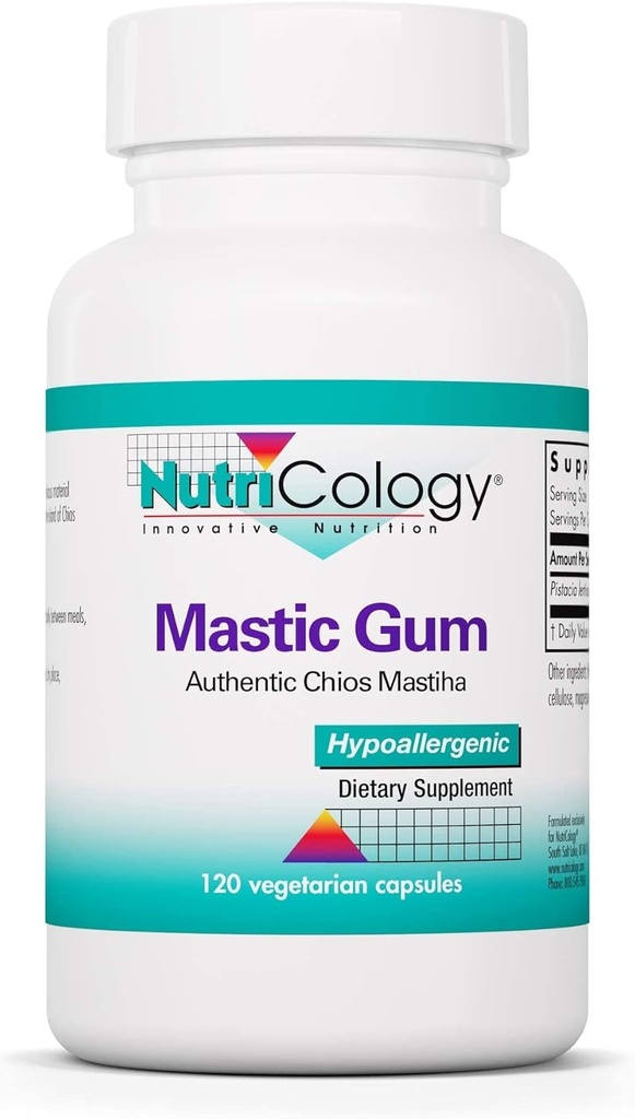 Nutricologie Mastic Gum Dieetsupplement - Authentieke Chios Matisha, GI Gezondheid, Hypoallergeen, Vegetarische Capsules, Glutenvrij - 120 Tel.