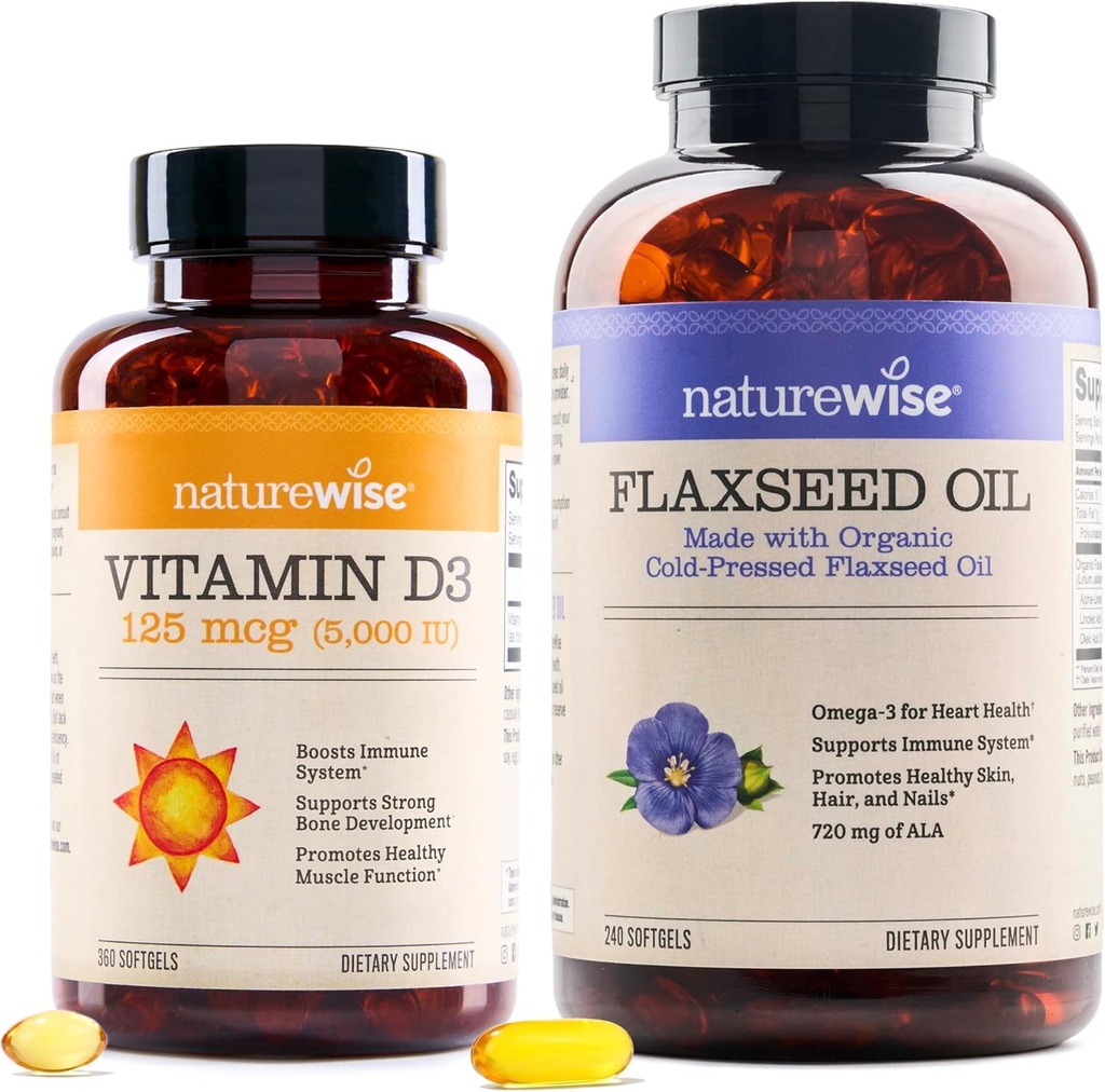 NatureWise Vitamine D3 5000iu (125 mcg) 1 Jaar Supply for Healthy Muscle Function, and Immune Support Organic Flaxseed Oil Max 720mg ALA 