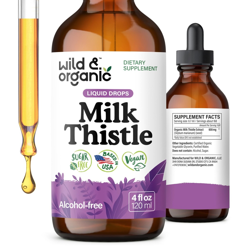 Wild & Organic Milk Thistle Liquid Drops - Leverreiniging Detox - Silymarin Milk Thistle Supplement voor leverondersteuning - Toevoegen aan thee - Silybum Marianum Seed Extract Tinctuur - Suiker & alcoholvrije - 4 oz