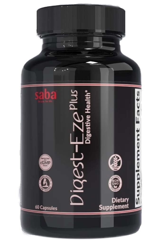Saba Digestive-EZE Plus–Enzymes, prébiotiques et probiotiques issus de plantes à spectre large -Support des fonctions digestives et gustatives, immunité et absorption avec la bétaine, le bromelain -60 capsules