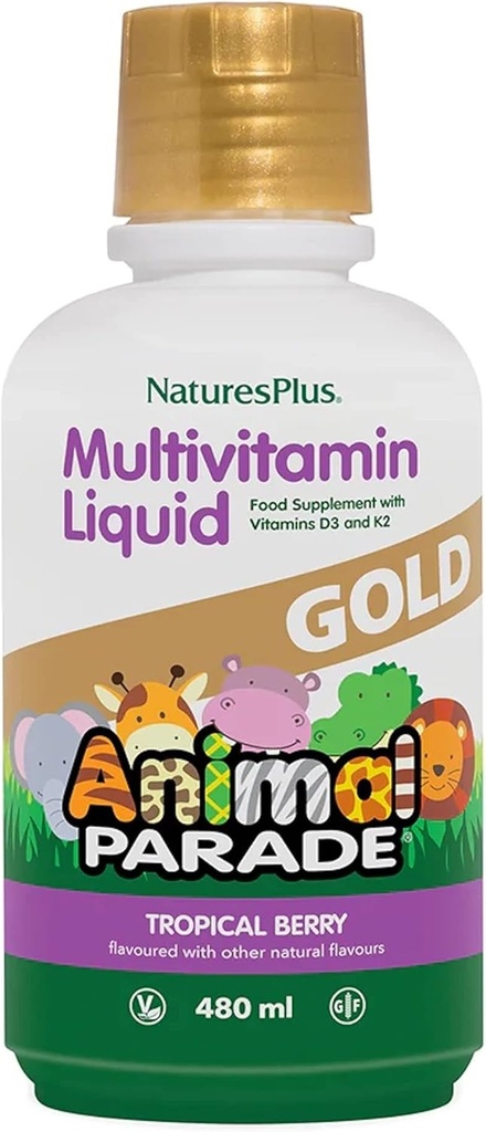 NaturesPlus Animal Parade Gold Kinderen vloeibare Multivitamine, 16 fl oz - Natuurlijke Tropische Bessensmaak - Immune Ondersteuning Supplement - Glutenvrij, Veganistisch - 32 Servers