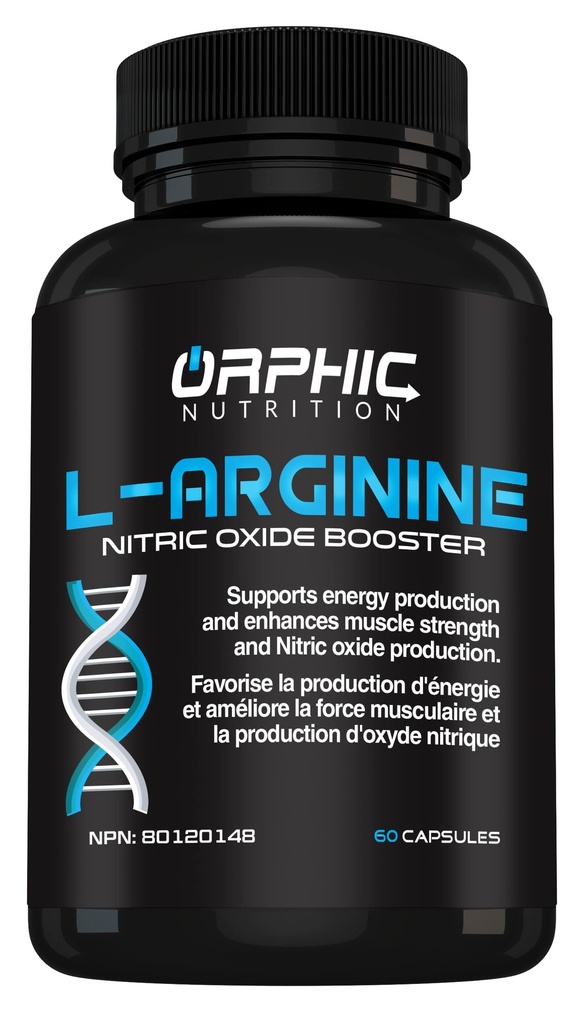 ORPHIC NUTRITION L Arginine Supplement voor mannen 1000mg+ - 60 Capsules - L Citrulline en Nitric Oxide Supplement ter ondersteuning van spiergezondheid, Oefening Endurance, Bloedvatigheid, Hartgezondheid, Energieniveaus*