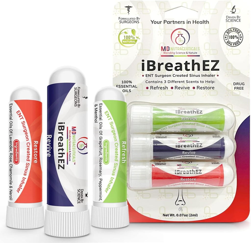 iBreathEZ Nasal Sinus Inhaler Kit samengesteld door ENT Chirurgen met essentiële oliën voor energie, stress, ontmoediging en koude of Allergie Relief (3 Pack)