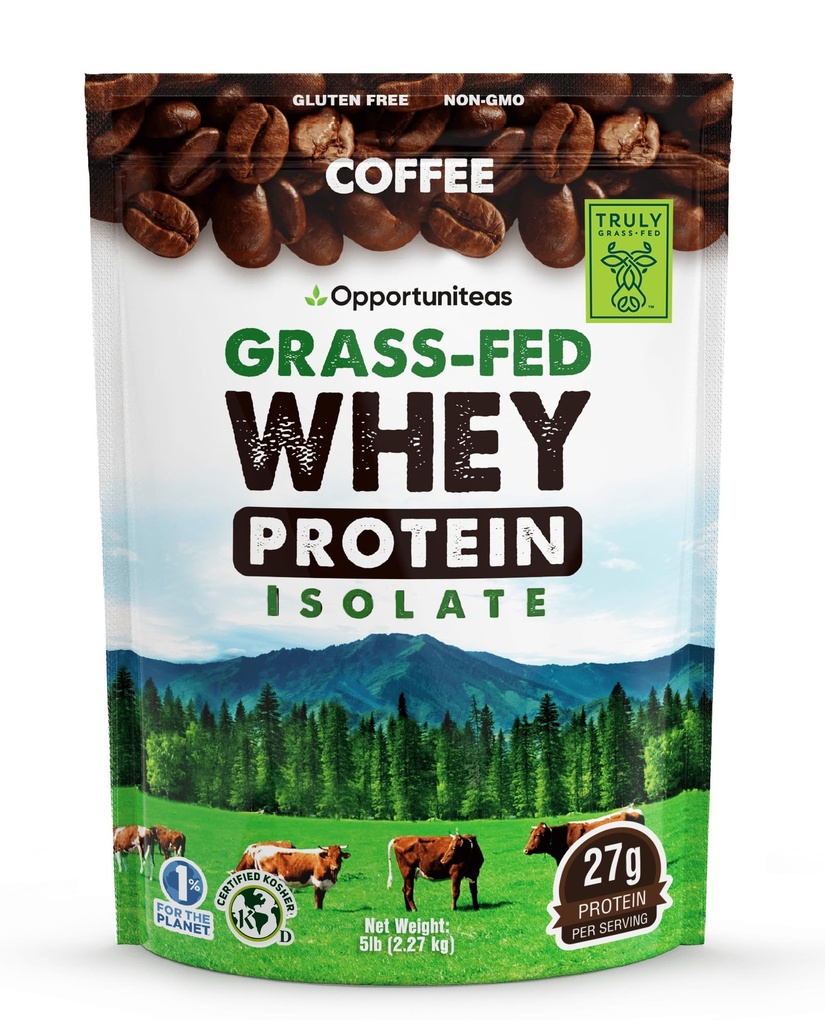 Opportuniteas Grass Fed Koffie Wei Proteïne Isolaat Poeder - 27g Proteïne Poeder zonder kunstmatige zoetstoffen, 60mg Cafeïne, Hormone-vrije koeien - 5lb