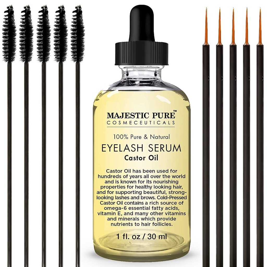 Majestic Pure Castor Oil Eyelash Serum - met Apple & Argan Stem Cells - Eyelash Growth Serum voor langere dikkere wimpers, wenkbrauwen en haar - Gratis Set van Mascara Brush & Eyeliner Applicator - 1 fl oz