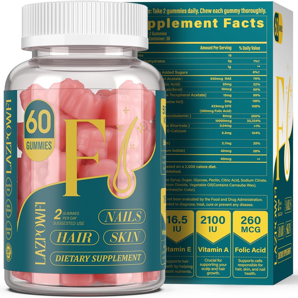 Biotin Gummies - Hair huid en nagels vitamines voor mannen & vrouwen, Vegan vitamine B7, ondersteunt haargroei en sterkere nagels, 30 dagen levering - Raspberry-60 Tellen