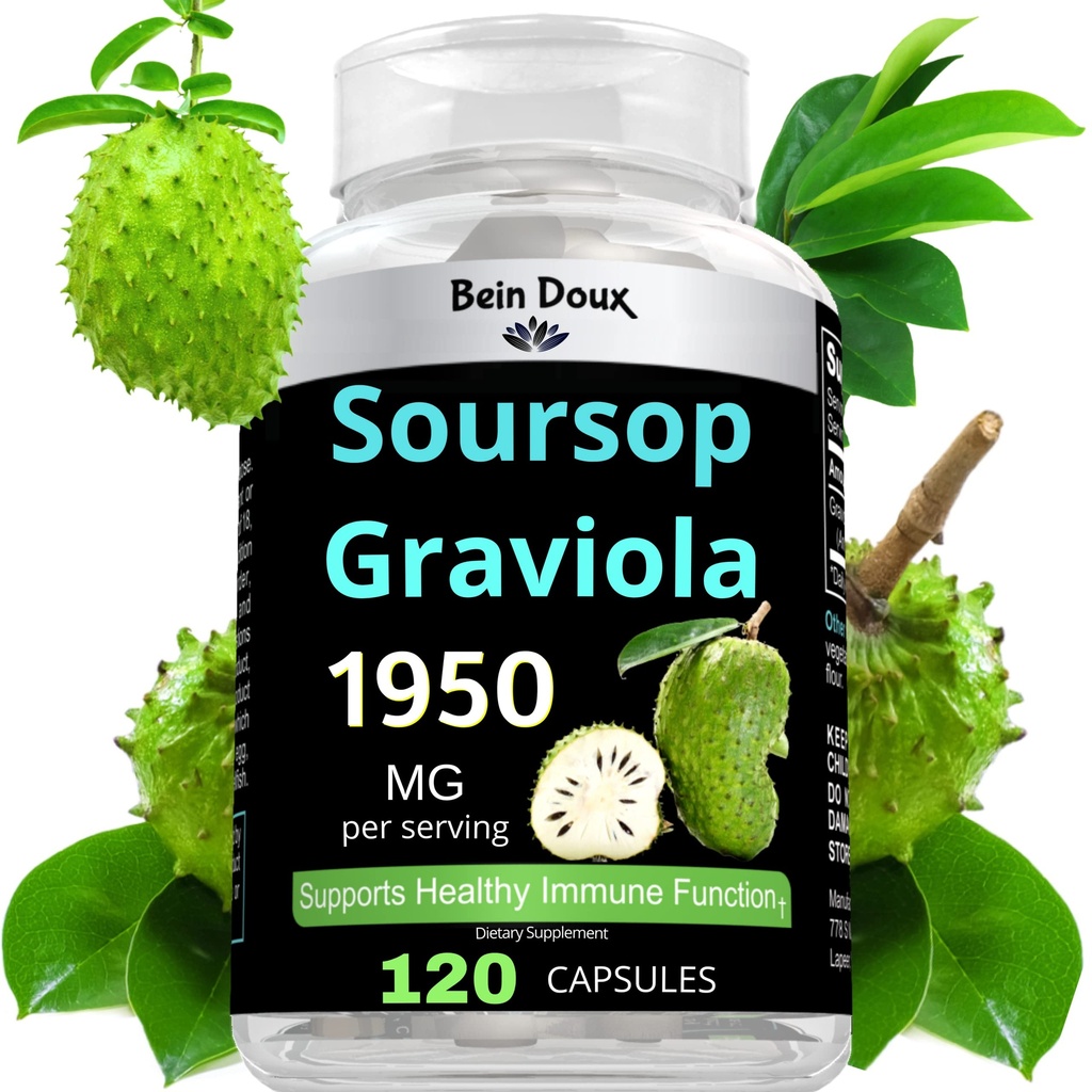 1950mg Sousop Graviola Capsules (Guanábana) Biologische Bladeren Poeder Rijk aan Krachtige Anti-Oxidanten - 120 Capsules 40 Servers