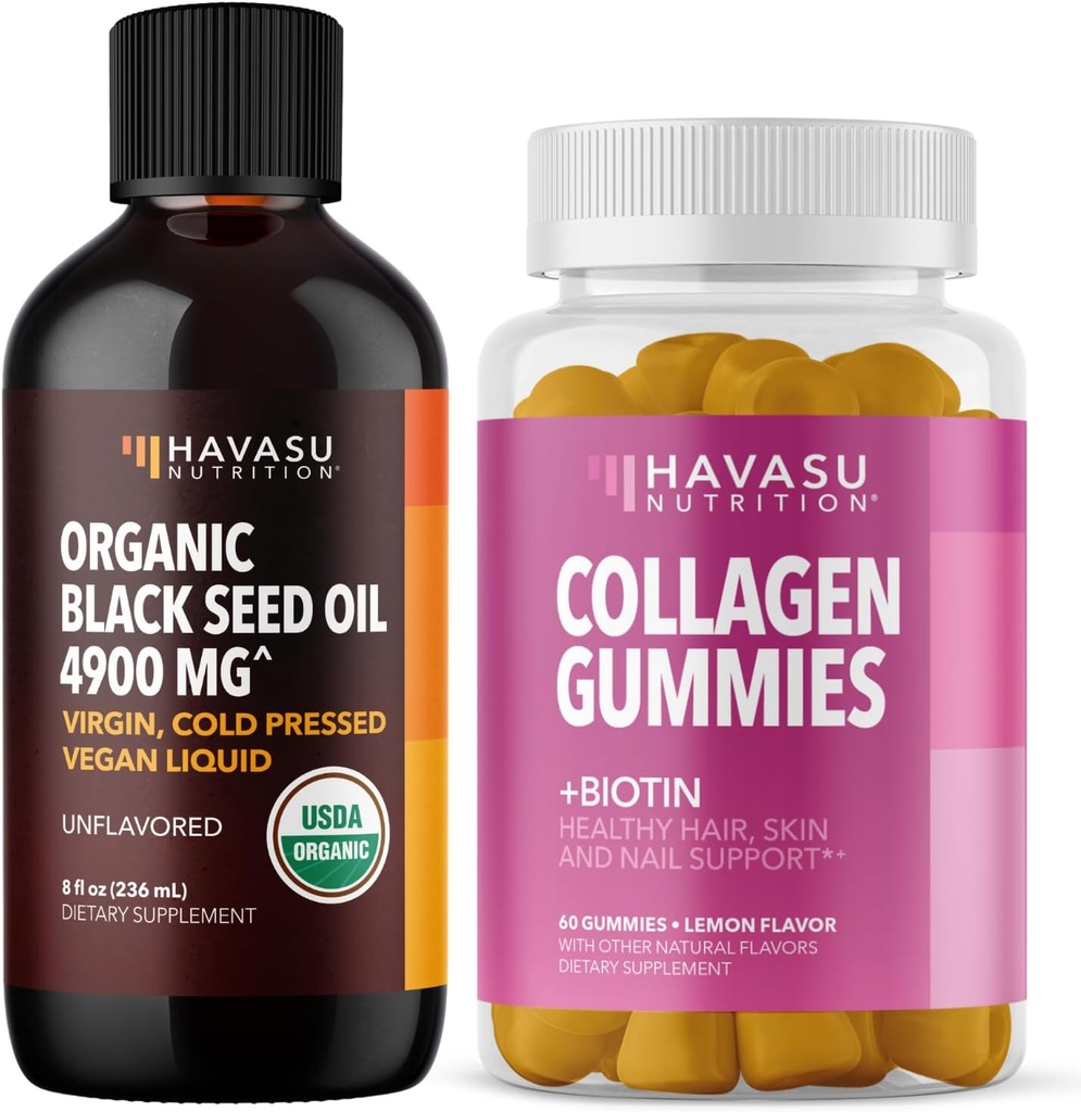 HAVASU NUTRITION Biologische Black Seed Oil Liquid + Collageen Gummies Bundle