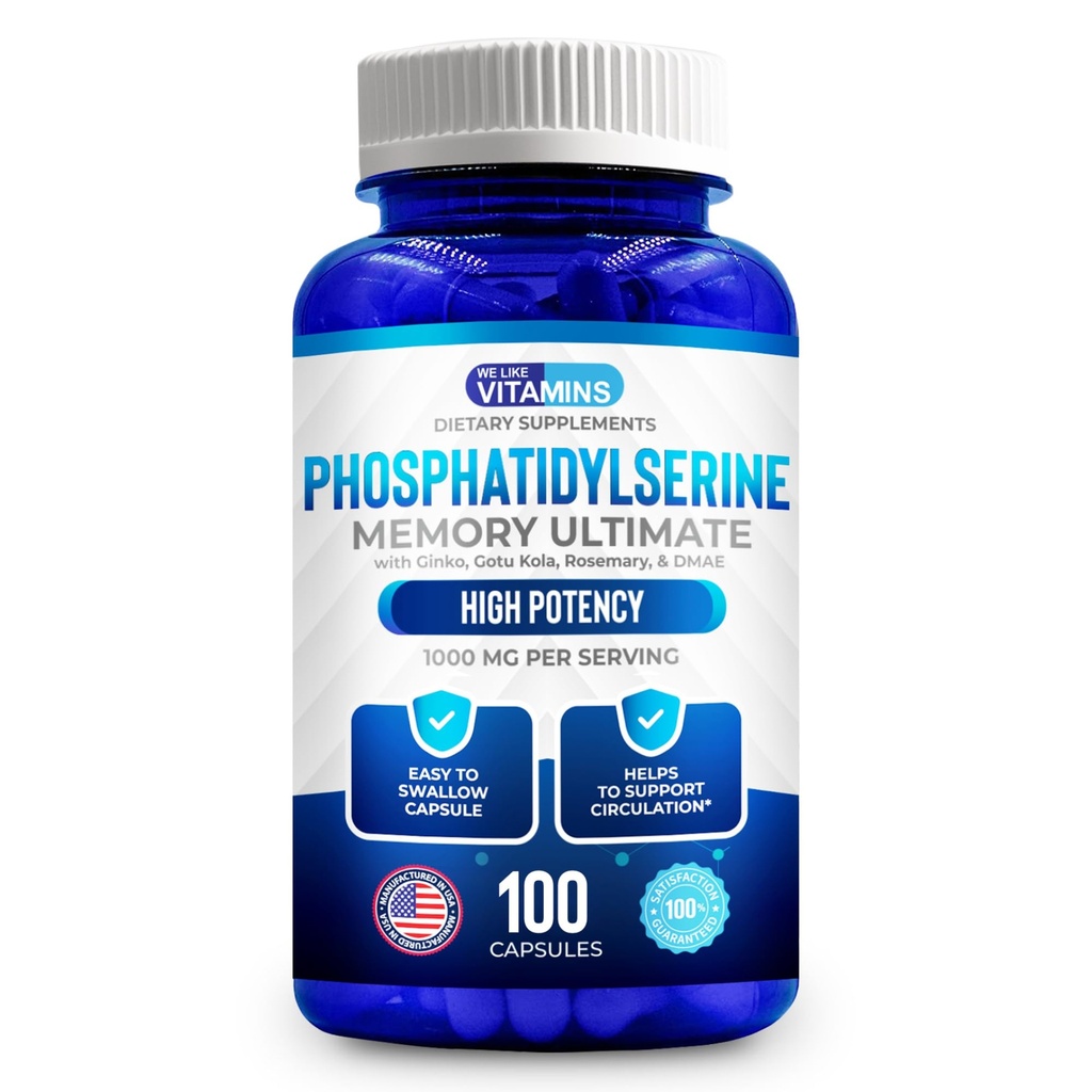 We houden van vitamines Fosfatidylserine Supplement met Gingko Biloba, Gotu Kola, DMAE - Verbetert Focus, Geheugen, Cognitieve Functie - Soy-Free 1000mg Geheugen Ultimate Complex - 100 Gemakkelijk te slikken Capsules