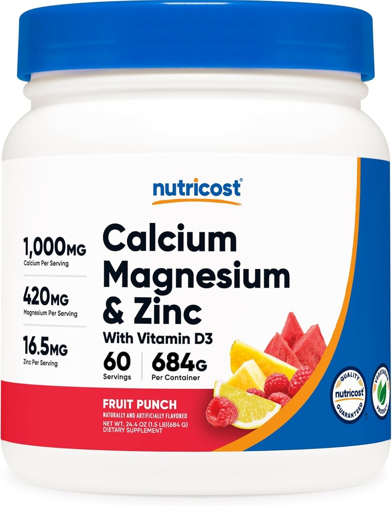 Nutricost Calcium Magnesium Zink met Vitamine D3 Poeder, 60 Serves (Fruit Punch) - Calcium (1000 MG) Magnesium (420 MG) Zink (16,5 MG) Vitamine D3 (30 MCG) - Glutenvrij, Non-GMO