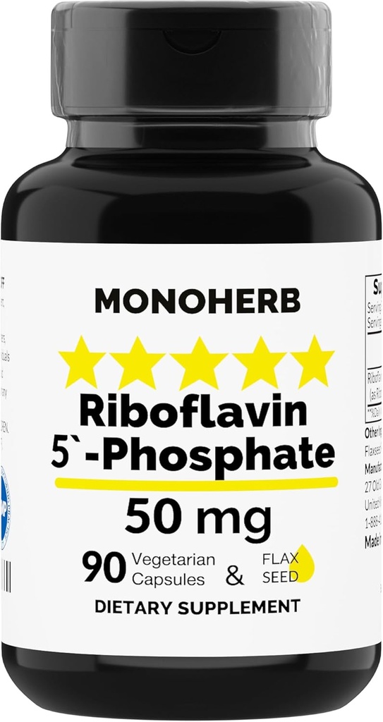MONOHERB Riboflavine 5'-Fosphaat 50 mg - 90 Vegetarische Capsules - Bioactive Vitamin B2 - Made in USA