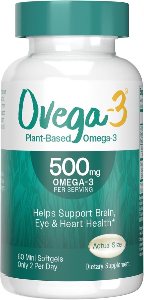 Omega-3 Plant-Based Omega-3 van Algal Oil Daily Supplement, 500mg, Ondersteunt hersenen, Eye & Heart Health, Twee mini softgels per dag, 60 Tellen