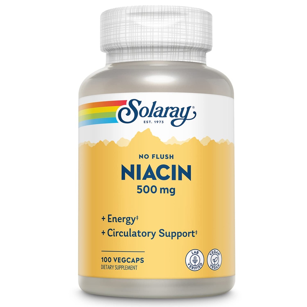 SOLARAY No Flush Niacin 500mg, Flush-Free Vitamine B3 Niacin, Energie en Circulatory System Support, Vegan, Lab geverifieerd, 60-dagen geld-terug garantie, 100 porties, 100 VegCaps