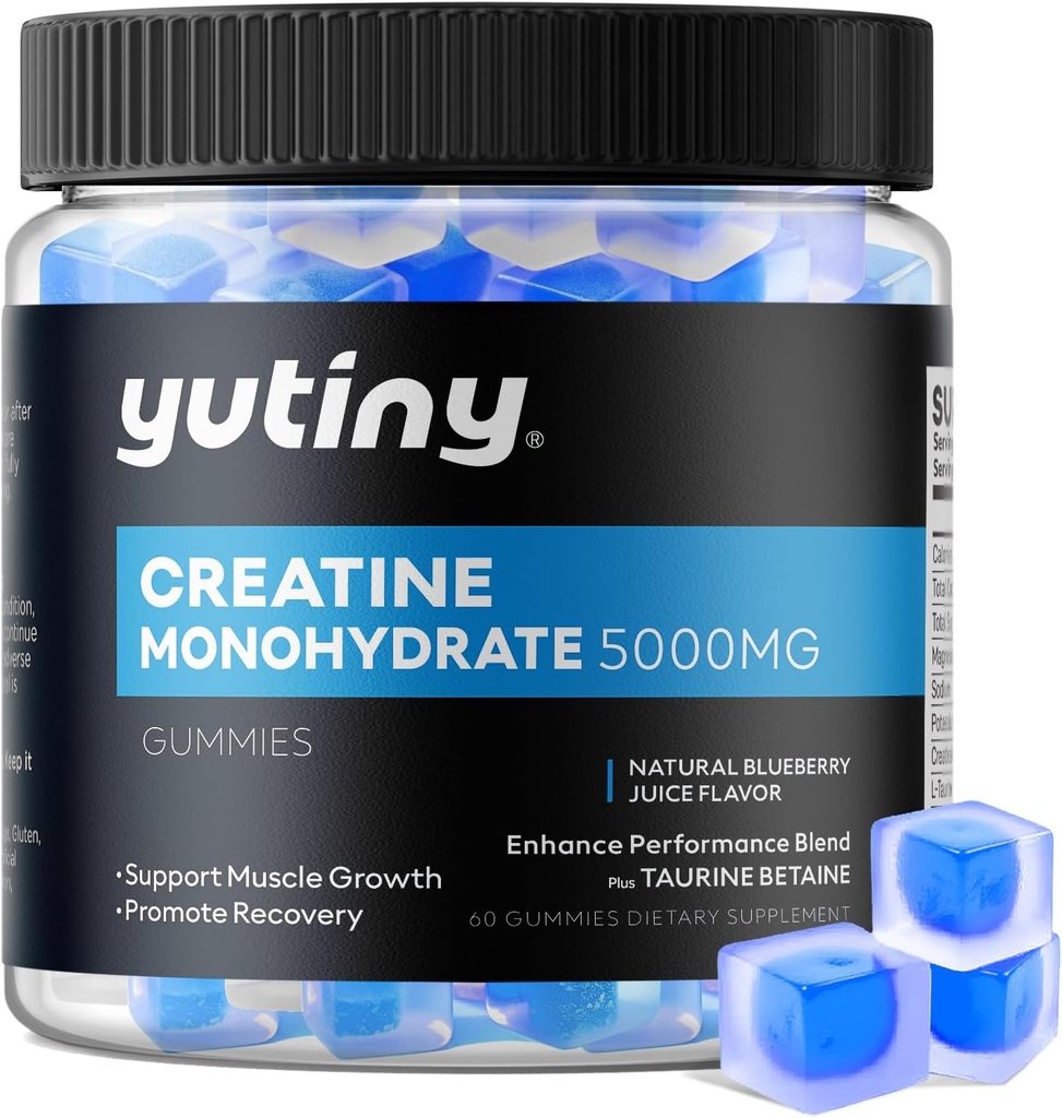 Creatine Monohydraat gevuld Gummies, Creatine Monohydraat Kauwen voor mannen & vrouwen, extra kracht voor spiergroei, Blueberry smaak, 60 Kauwtabletten, 1 maand levering