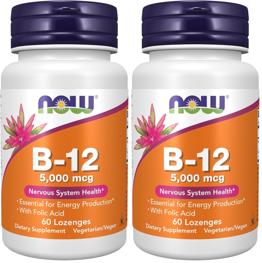 NOW Supplementen, Vitamine B-12 5,000 mcg, met Foliumzuur, Zenuwstelsel Gezondheid*, 60 Lozen (Pack of 2)