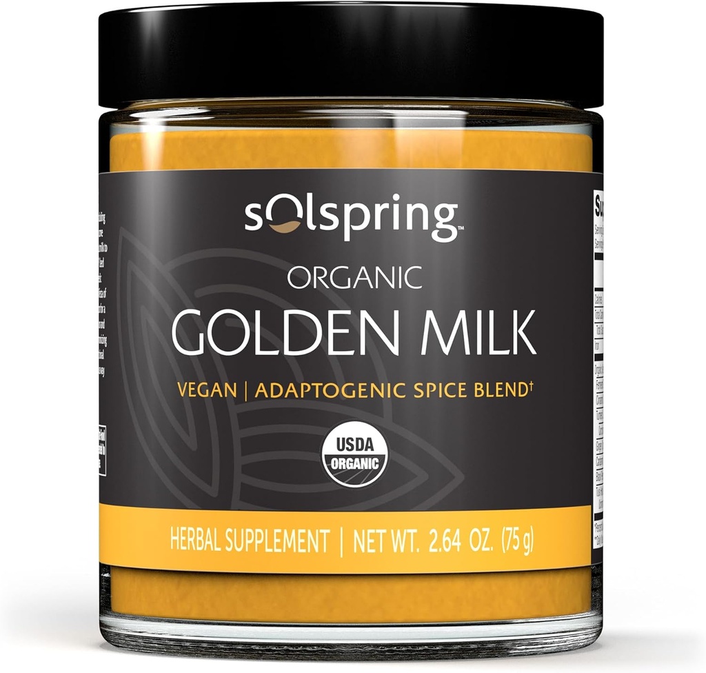 Dr. Mercola Solspring Organic Golden Milk Kruidensupplement, 2,64 Oz. (75 g), Vegan Spice Blend with Turmeric & Gember, Non GMO, Glutenvrij, Sojavrij, USDA Organic