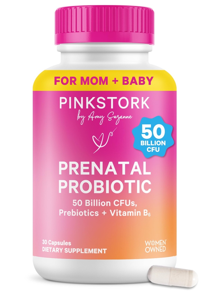 Roze Ooievaars Prenatale Probiotica voor vrouwen - 50 miljard CFU, Vitamine B6, Prebiotica, Ochtendziekte, Gut Microbioom, Zwangerschap Probiotica, Immuun Ondersteuning, Zwangerschap Moeten - 30 Capsules