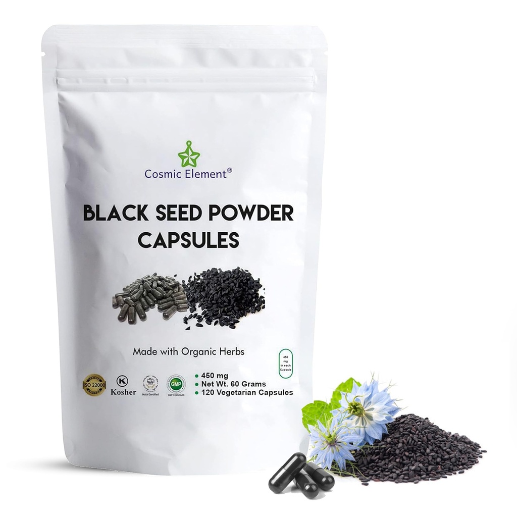 Cosmic Element 100% Pure Black Seed Powder Capsules Biologische - Vegan Nigella Sativa 450mg Black Cumin Seeds per Serving for Health - 120 Capsules