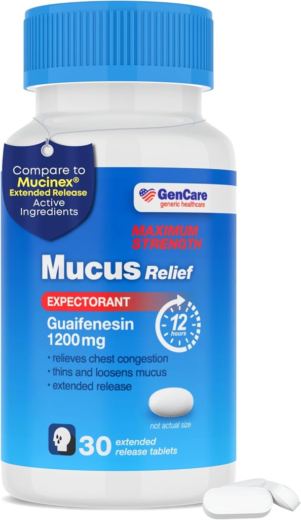 GenCare Mucus Relief 1200 mg Maximale sterkte (30 telling) 1200mg Guaifenesin Extended-Release Tablets 