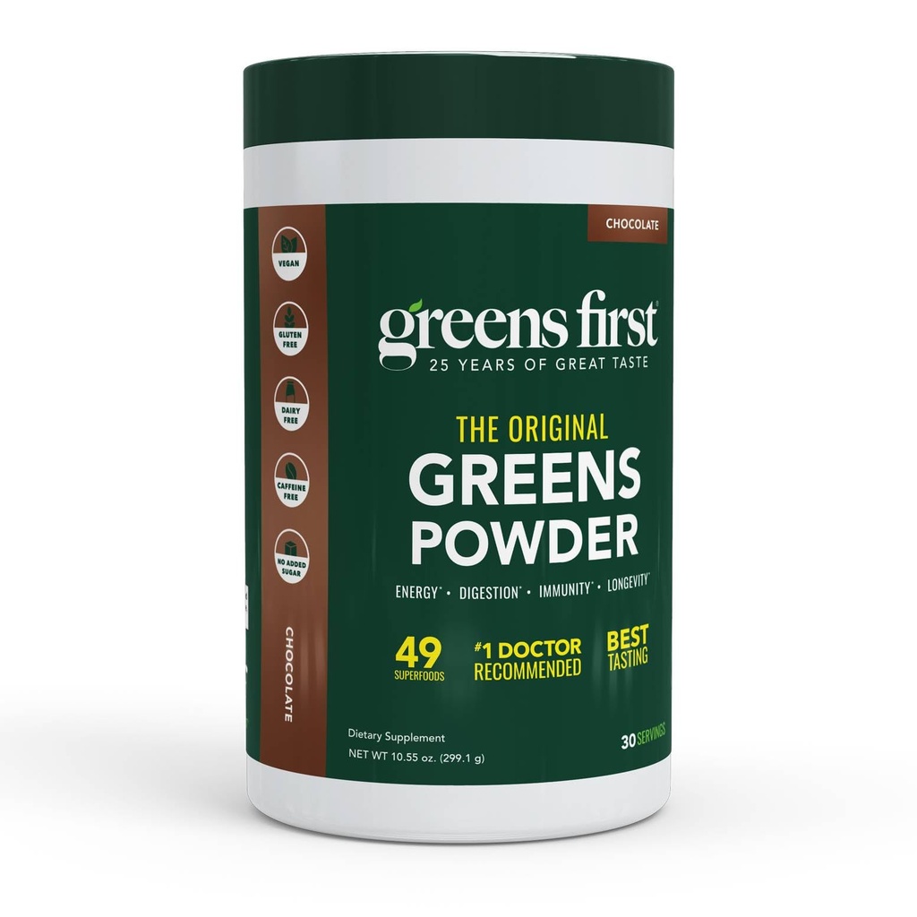 Greens First Original Greens Powder - 49 Superfoods - Organic Fruits & Veggies - Prebiotica, Probiotica & Digestieve Enzymes - Antioxidant Smoothie - Dairy Free, Vegan, Non-GMO (Chocolaat, 30 Servers)