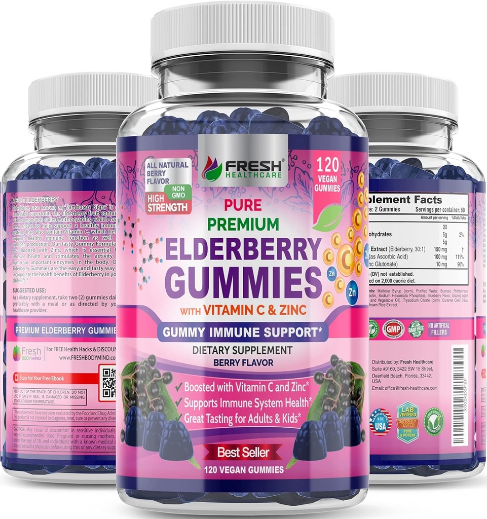 FRESHARE Vlierbes Gummies met vitamine C, Zink & Sambucus Vlierbes 30:1 Extract - 100% veganistisch - Immune Ondersteuning voor volwassenen en kinderen - 120 Graaf Gummy Supplement
