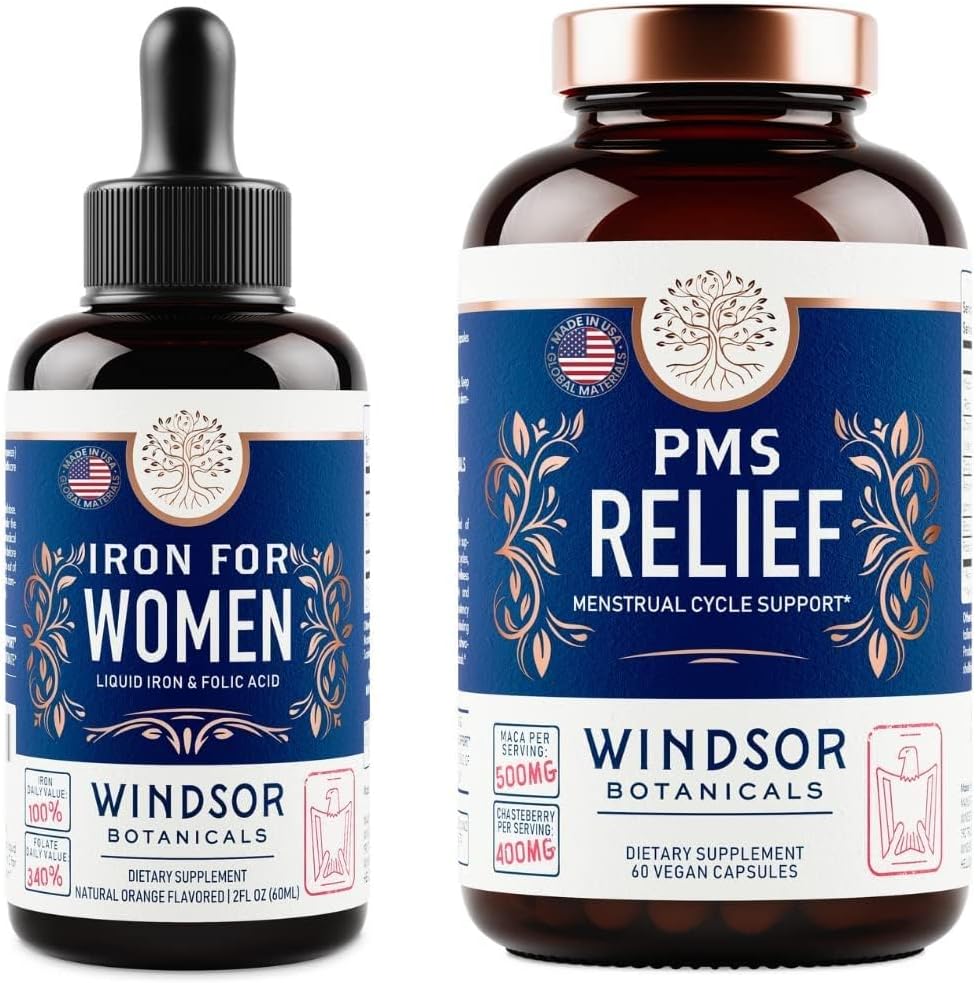WINDSOR BOTANICALS Liquid Iron and PMS Relief Capsules Womens Bundle