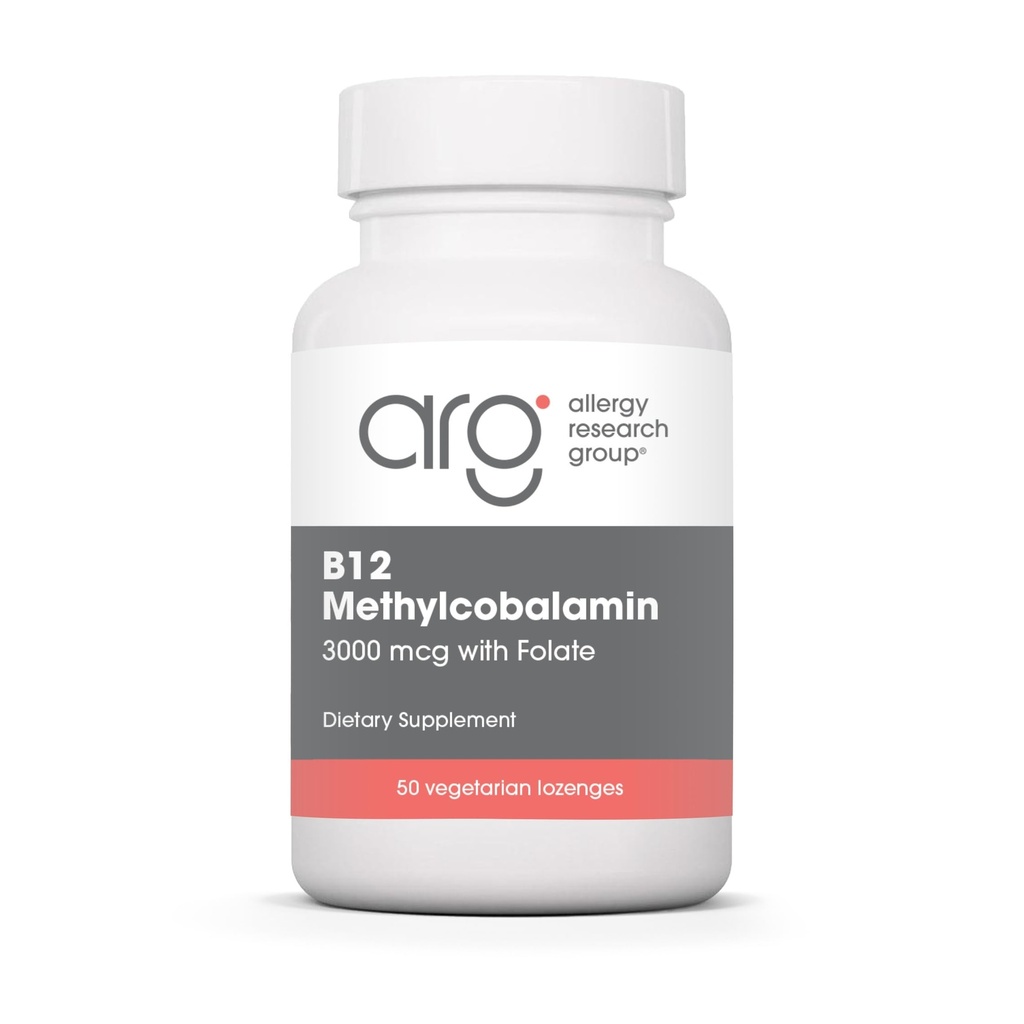 Allergie Onderzoeksgroep B12 Methylcobalamine Supplement - Vitamine B12 en Folaat, met 400mcg Foliumzuur, Pure, Vegetarische Lezen - 50 Tel.