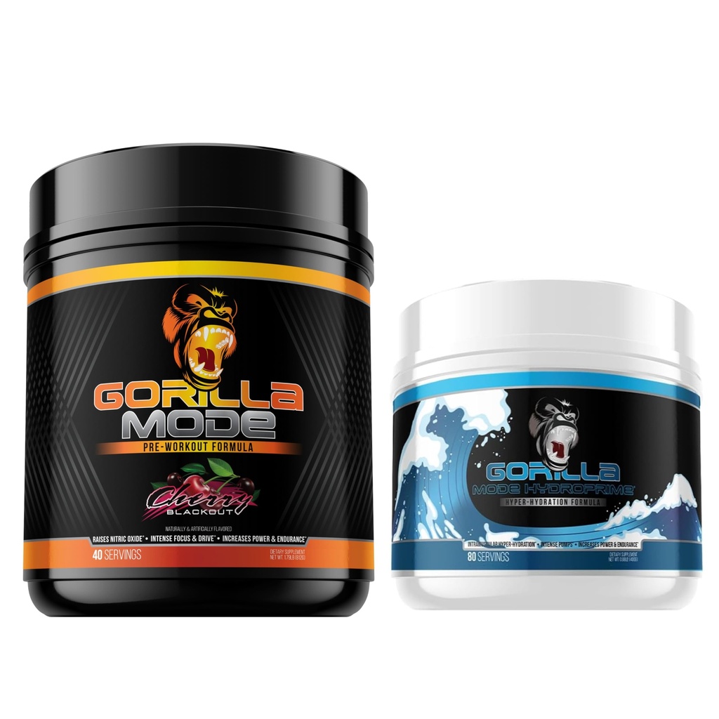 Gorilla Mode Pre workout (Kersen) + HydroPrime Glycerol Pre workout - Uitgebreide Stack voor Hyper-Hydraning, Pomp, Power, Endurance, en Thermoregulatie