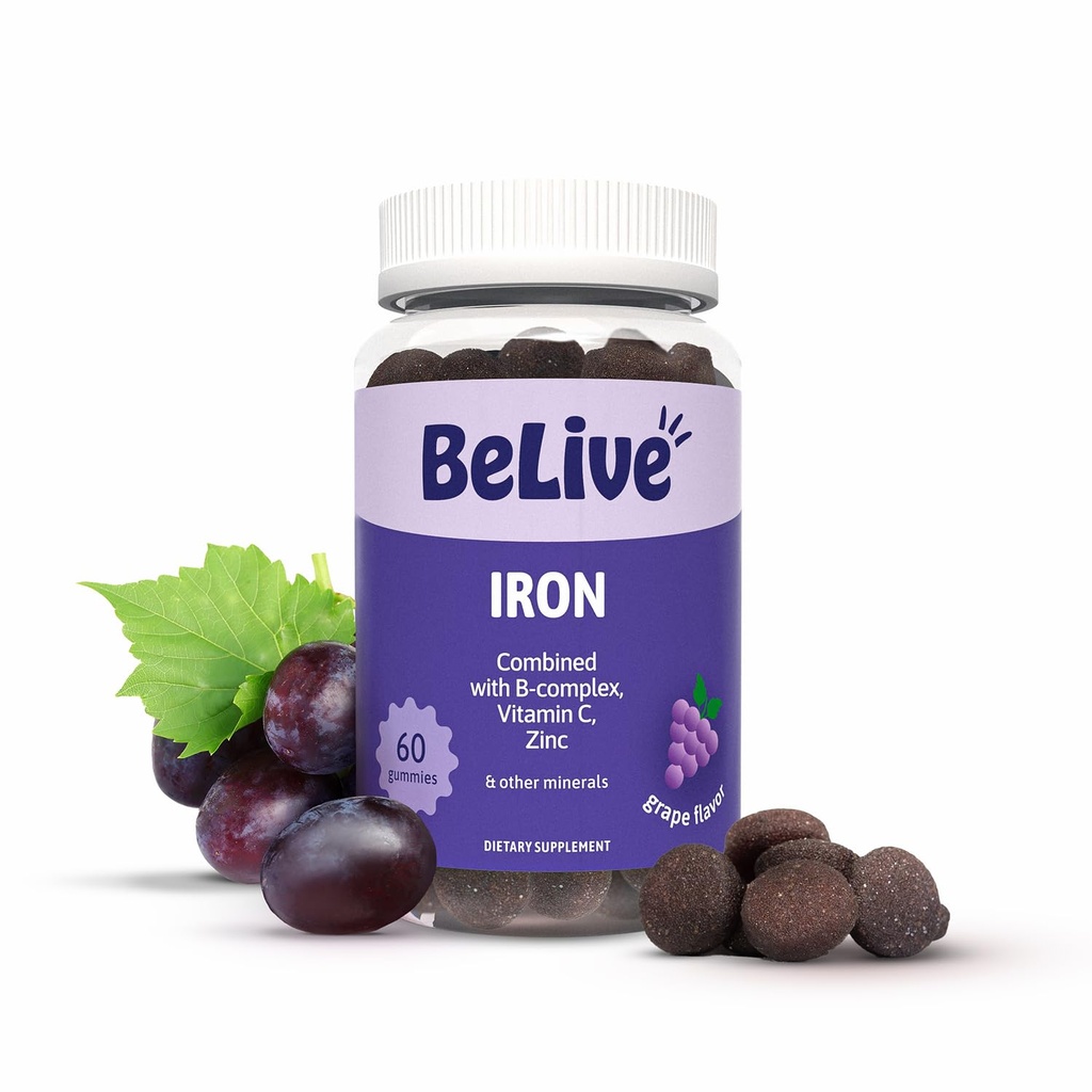 BeLive Iron Gummies - Multivitamine Supplement met vitamine C, A, B & Zink, Ondersteunt Blood Oxygen, Vegan Iron Supplements voor vrouwen, mannen en kinderen voor groei en ontwikkeling - Grape Flavor 1-pack