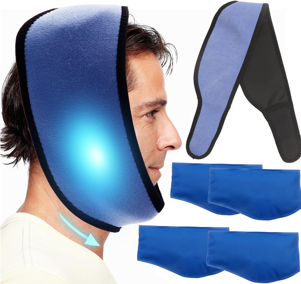 Paquet de glace visage générique pour Jaw, Paquet de glace de dentache Compresseur froid pour tête et chin, Paquets de gel chaud ou froid réutilisables Relief Pain pour TMJ, Chirurgie orale et faciale, Implants dentaires (1 Pack de glace Wrap+4)
