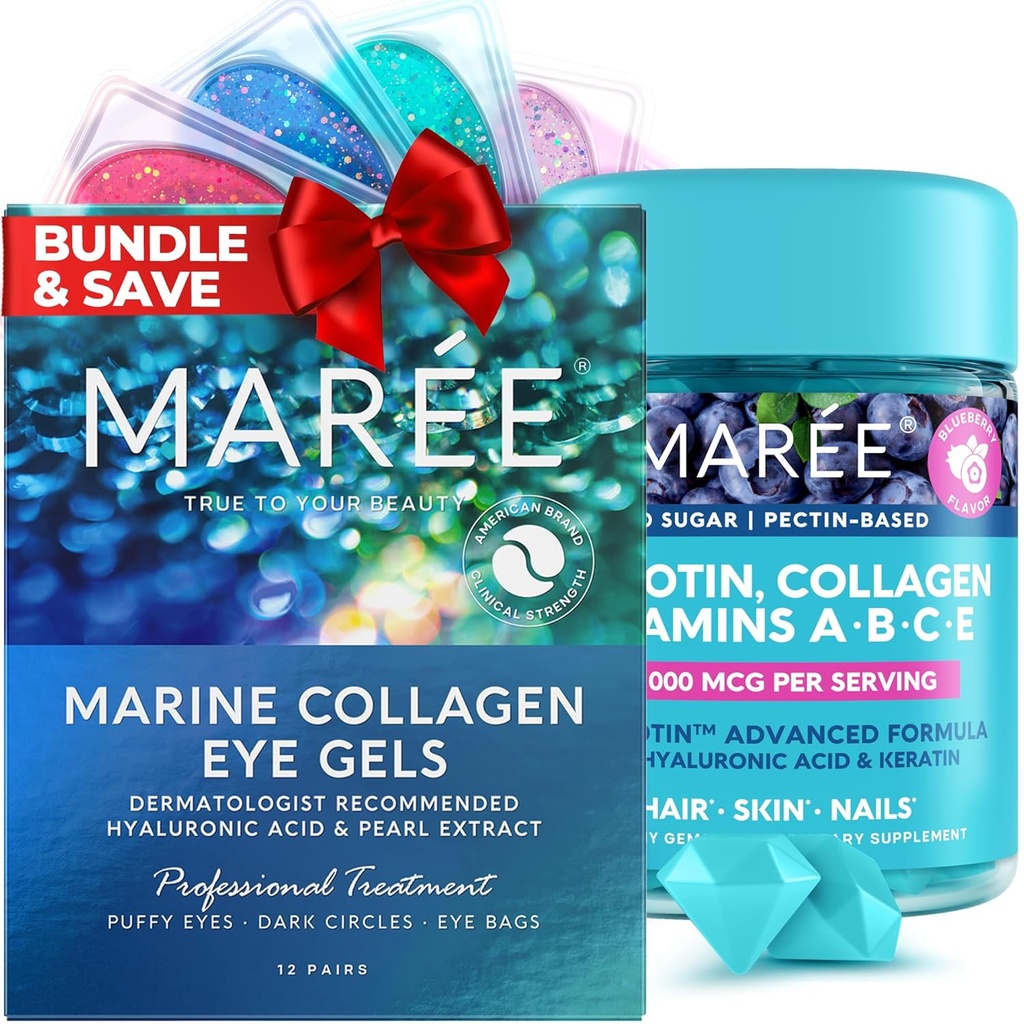 MAREE Beauty Bundle - Under Eye Gels & Biotin Gummies - Marine Collageen & Hyaluronic Acid, A B C E Vitamines Complex with Keratine & Pantothenic Acid - De-puff Eyes & Dark Circles, Skin, Nails & Hair