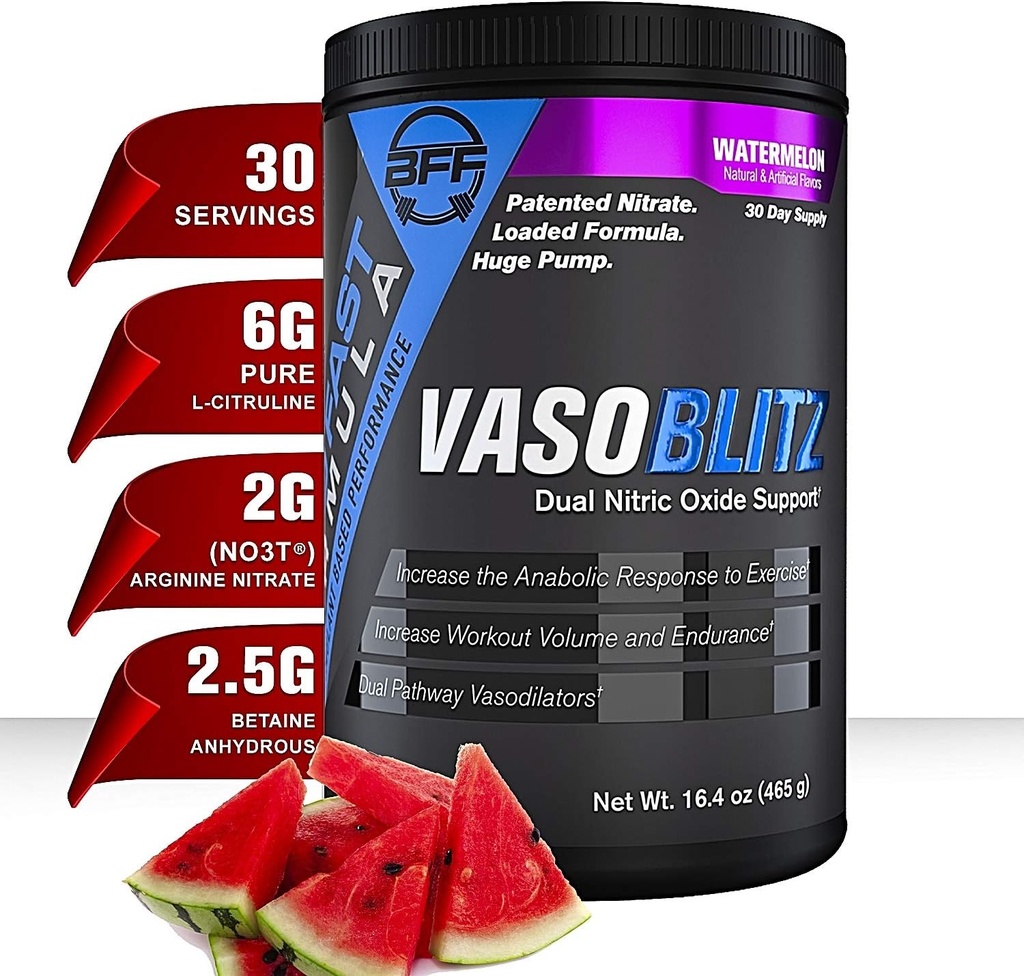 VASOBLITZ Award Winnen van Dual Nitric Oxidative Pre Workout met NO3T Arginine Nitride,L-Citrulline,Betaine Anhydrous,Calcium Lactaat,Caffeïnevrij voor spier-endurance(30 Serving) (Watermelon)