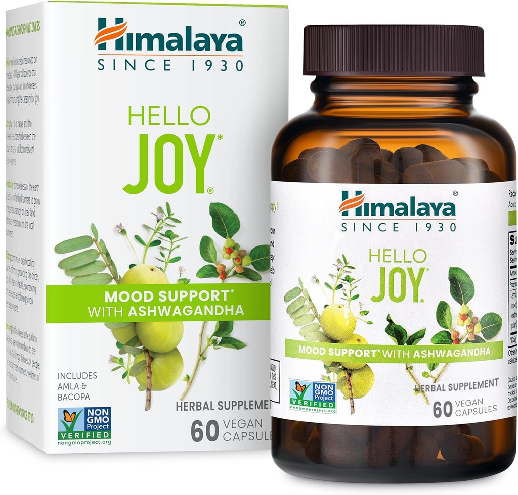 Himalaya Hallo Joy Herbal Supplement, met Ashwagandha, Amla, Bacopa, Heilige Basil/Tulsi, Positieve Outlook, Ondersteunt Motivatie, Stress Relief, Balanced Cortisol, Non-GMO, Veganist, 60 Capsules