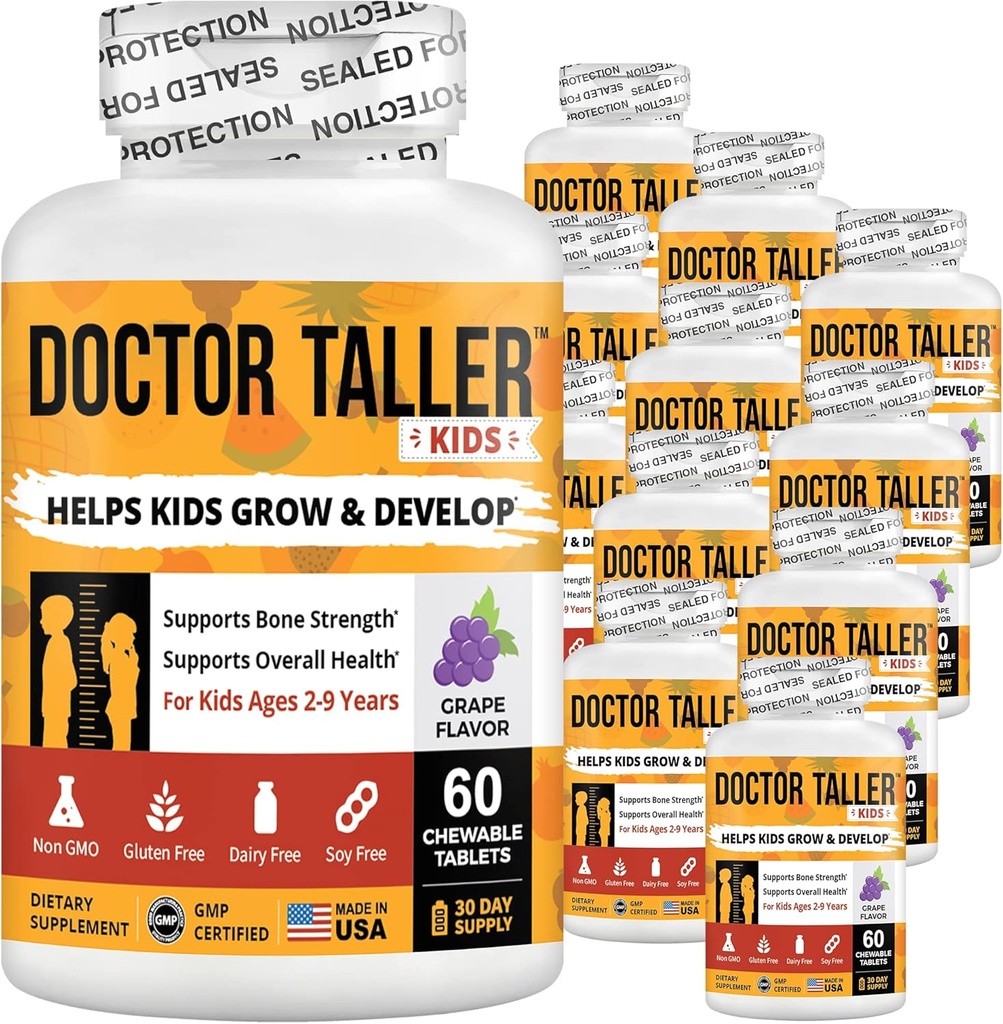NuBest Doctor Taller Kids met multivitaminen, multiminerale, calcium kauwtabletten, calciumsupplement voor kinderen leeftijd 2 tot 9 - druivensmaak - Helpt kinderen gezond - 12 Pack