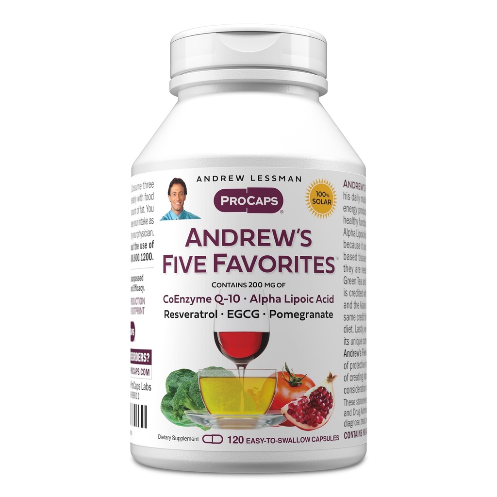 ANDREW LESSMAN Andrew's Vijf favorieten 120 Capsules - Biedt 200 mg elk van Co-enzym Q-10, Resveratrol, EGCG, Granaatappel en Alpha Lipoïnezuur, krachtige anti-oxidant ondersteuning, Geen additieven