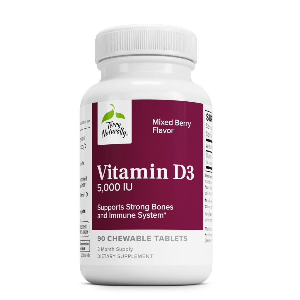 Terry natuurlijk vitamine D3 - Bone Health & Bone Strength Supplement - Dieetsupplement voor immuunsysteem en hersenen ondersteuning - 5.000 IE vitamine D tabletten met gemengde Berry smaak - 90 kauwtabletten