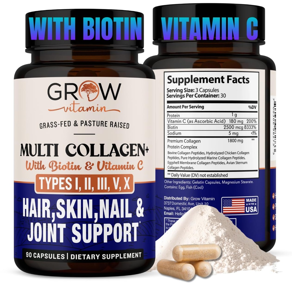 groeien vitamine Multi Collageen Capsules 1800MG (Types I, II, III, V & X) - Niet GGO, Grass Fed Collageen - Anti Aging Ondersteuning voor haar, huid, nagels - Proteïne pillen voor gezamenlijke ondersteuning - 90 capsules